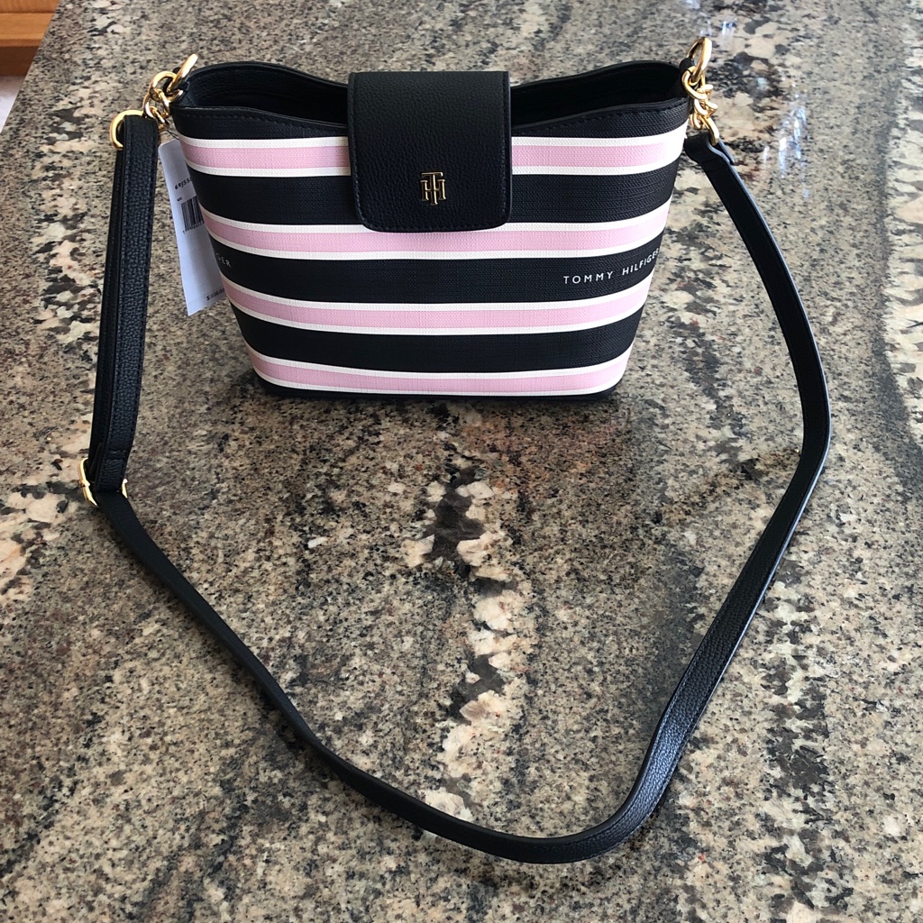 Nwt Tommy Hilfiger Black, Pink & Cream Striped Crossbody Bag